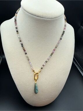 Multicolor Tourmaline Bead Necklace with Gold Drop and Labradorite Teardrop